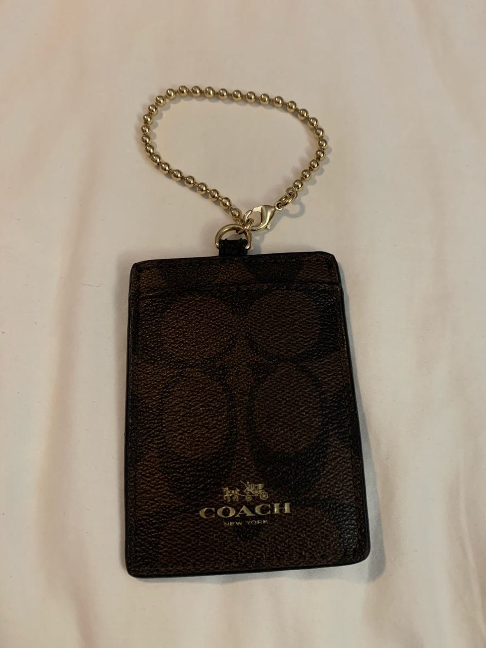EUC Coach Brown Signature Card Holder with Big Gold Ball Chain